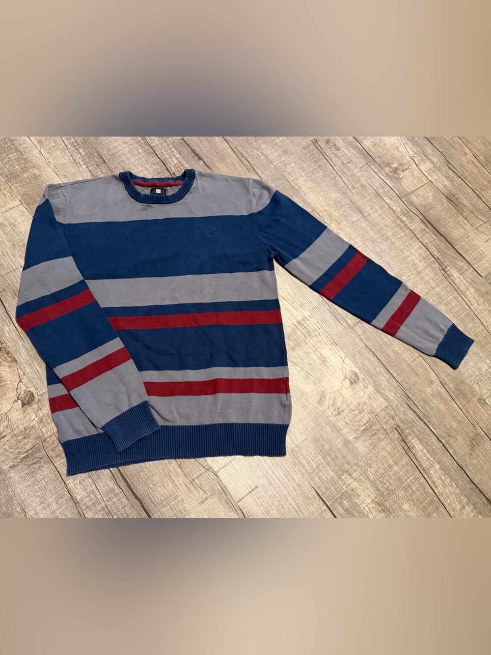 DC Men’s Blue, Gray & Burgundy Striped Crewneck Sweater